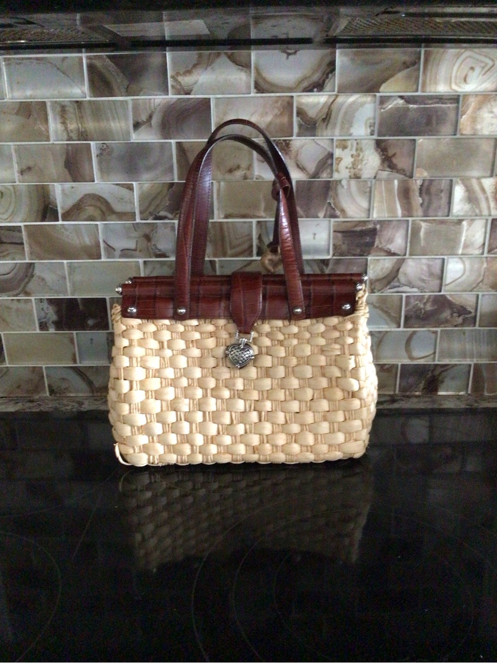 Brighton Beige Woven Tote with Brown Leather Trim and Heart Charm